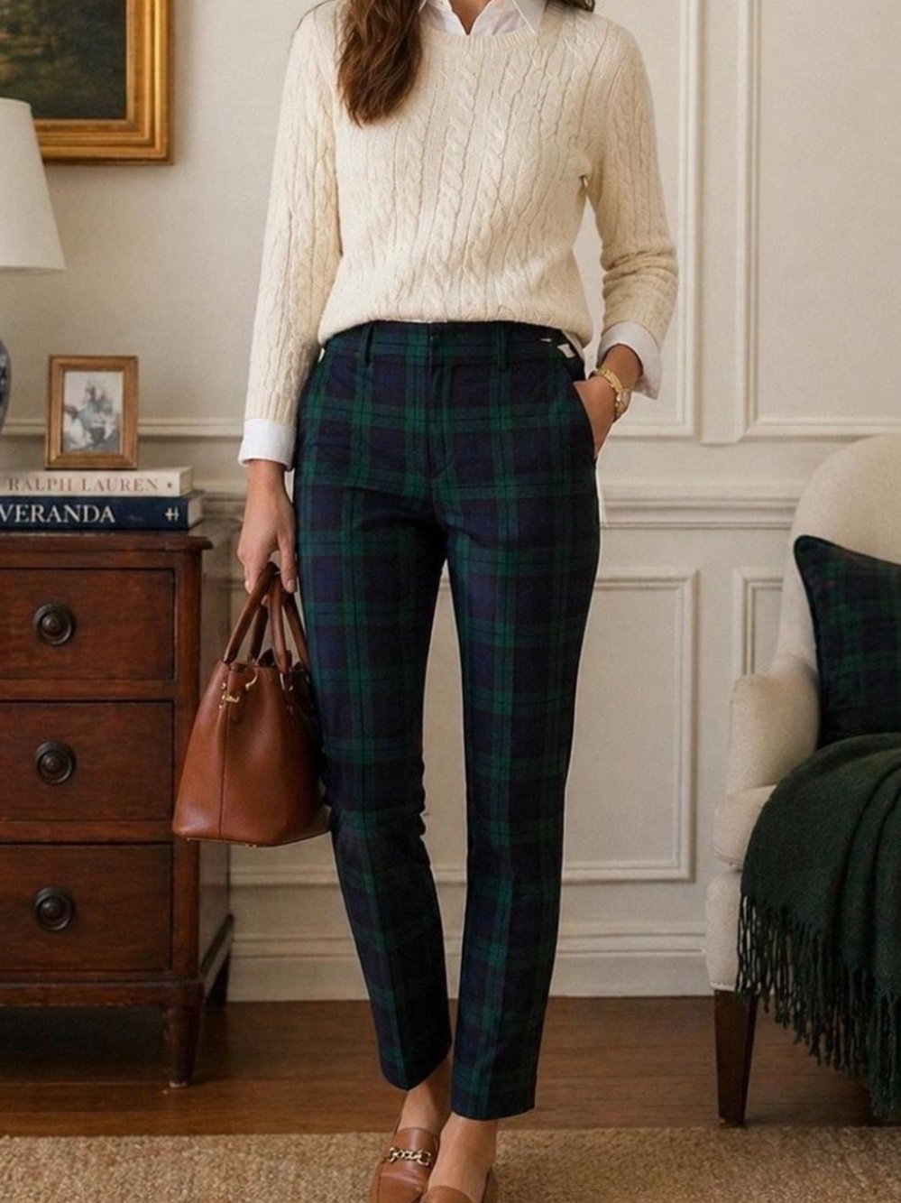 Tailored Green Plaid Ankle Pants - Women